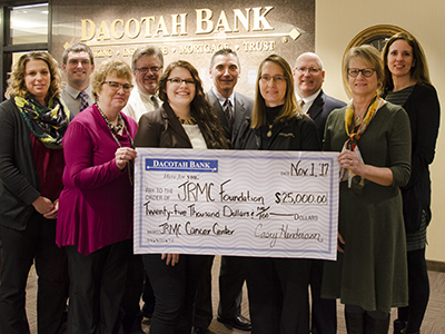 Jamestown's Dacotah Bank donates $25,000 to the JRMC Cancer Center.