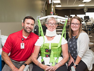 JRMC Rehabilitation offers a Liko Lift system to help those with mobility difficulties, like Sue Goehring, be able to walk again.